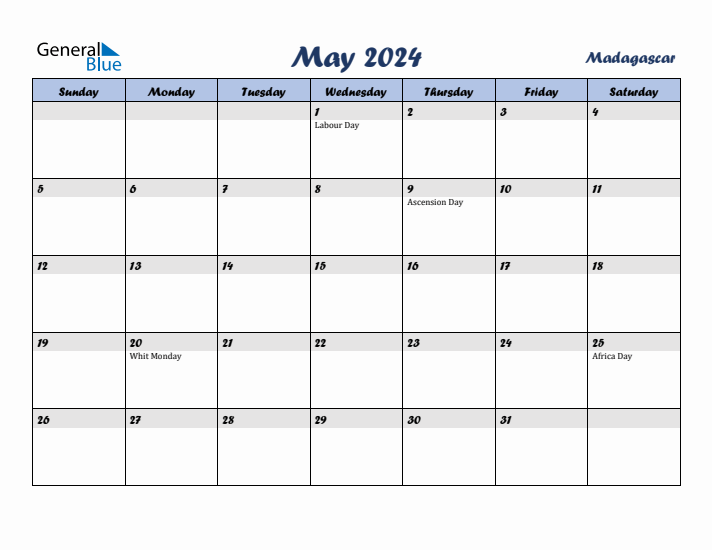 May 2024 Calendar with Holidays in Madagascar