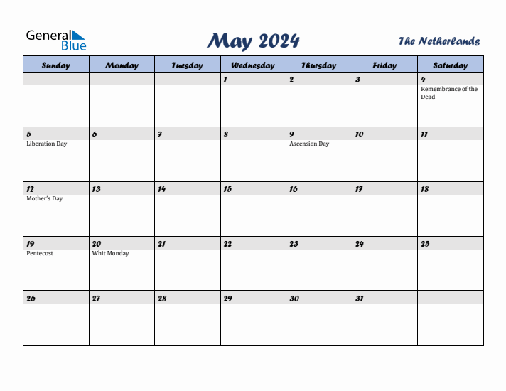 May 2024 Calendar with Holidays in The Netherlands