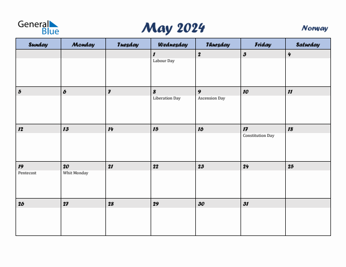 May 2024 Calendar with Holidays in Norway