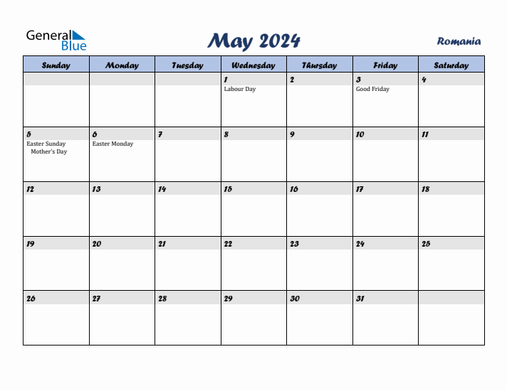 May 2024 Calendar with Holidays in Romania