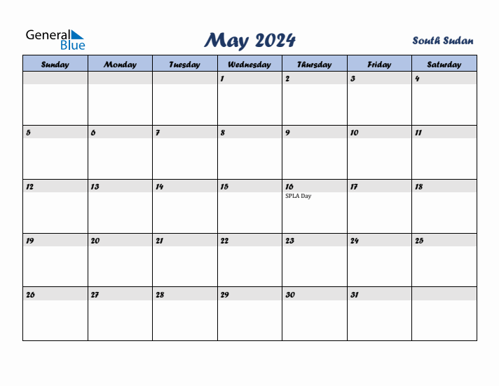 May 2024 Calendar with Holidays in South Sudan