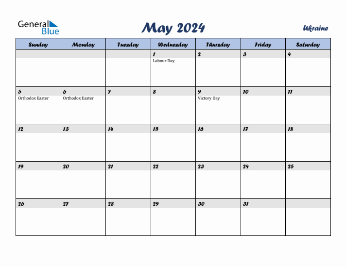 May 2024 Calendar with Holidays in Ukraine