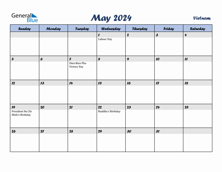 May 2024 Calendar with Holidays in Vietnam