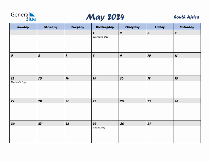 May 2024 Calendar with Holidays in South Africa