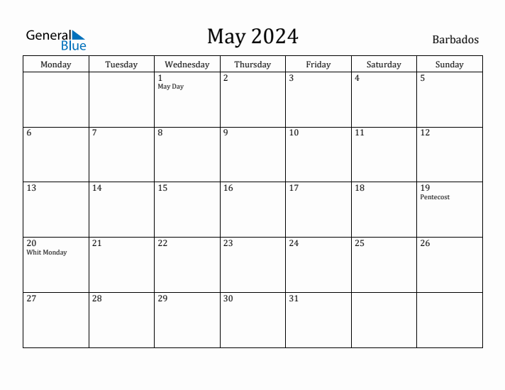 May 2024 Calendar Barbados