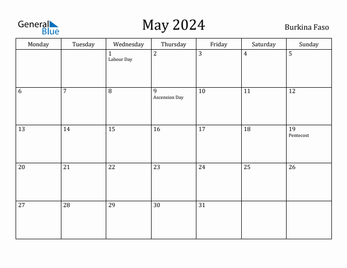 May 2024 Calendar Burkina Faso