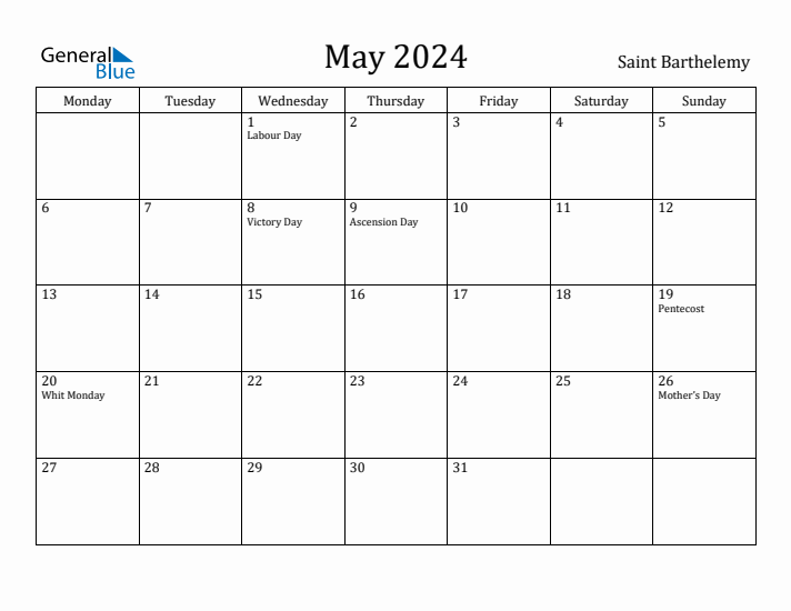 May 2024 Calendar Saint Barthelemy