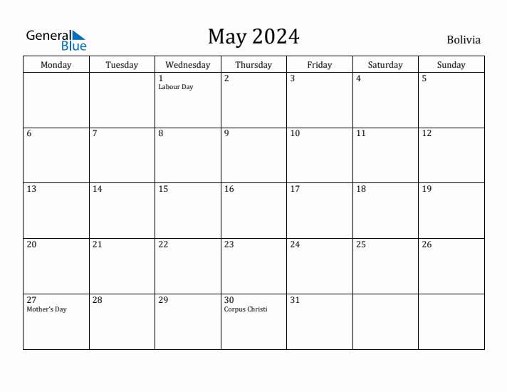 May 2024 Calendar Bolivia