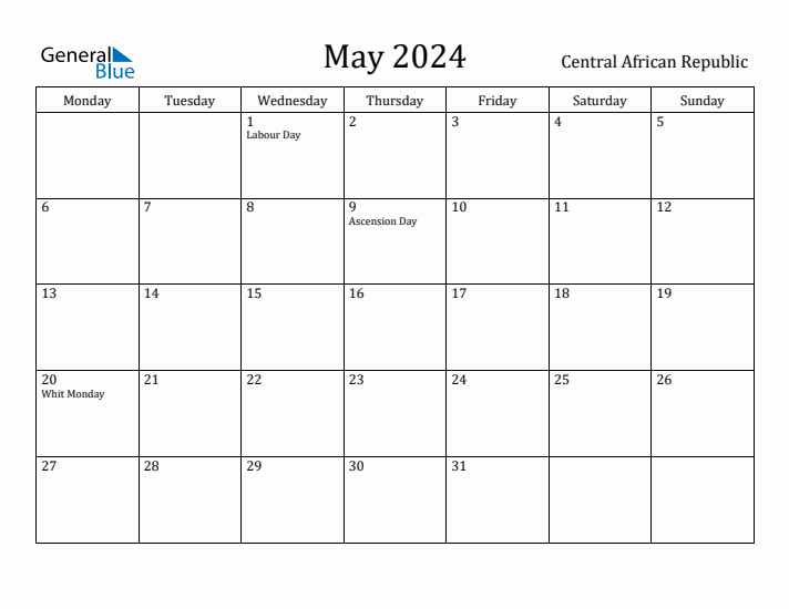 May 2024 Calendar Central African Republic