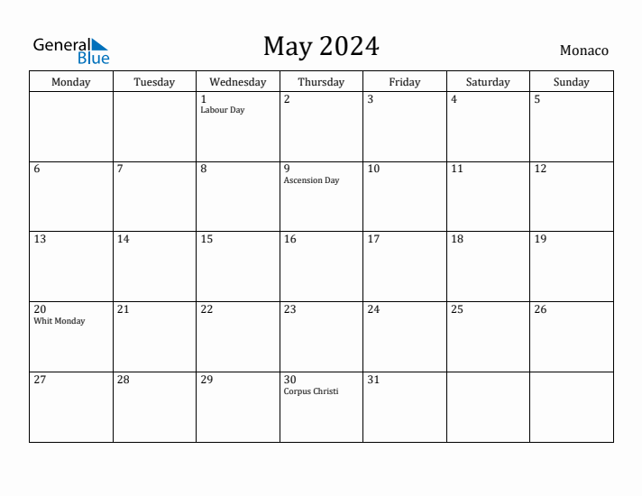 May 2024 Calendar Monaco