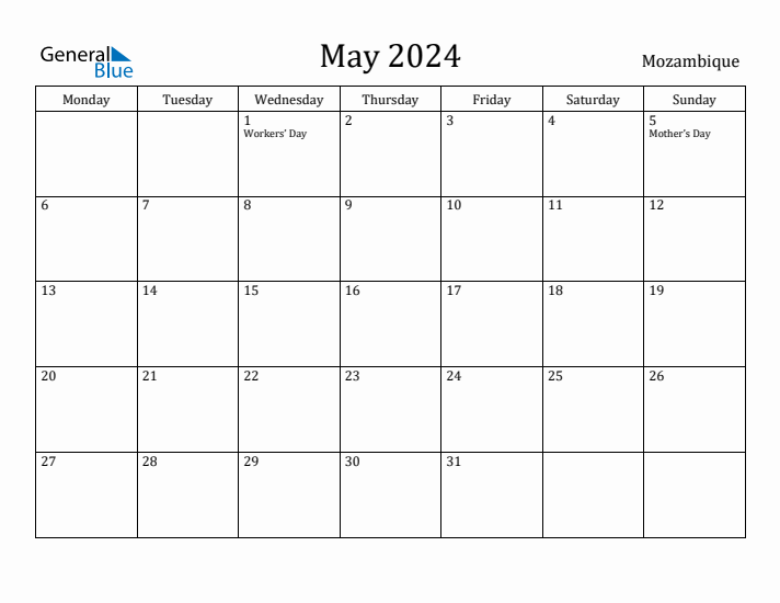 May 2024 Calendar Mozambique