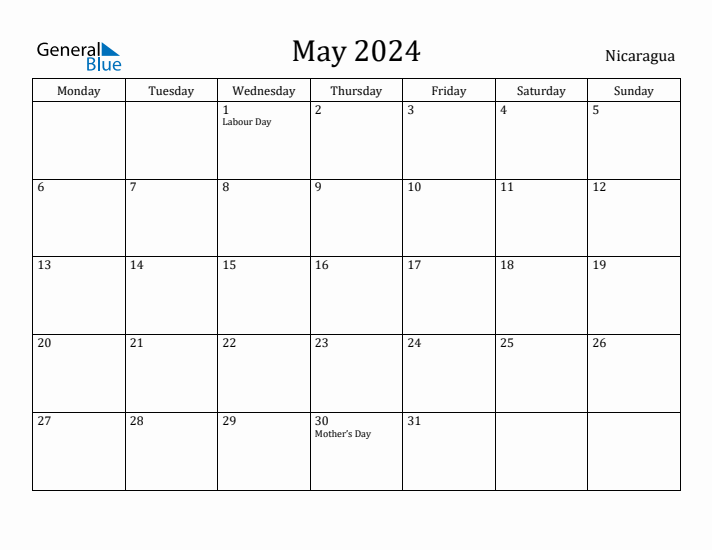 May 2024 Calendar Nicaragua