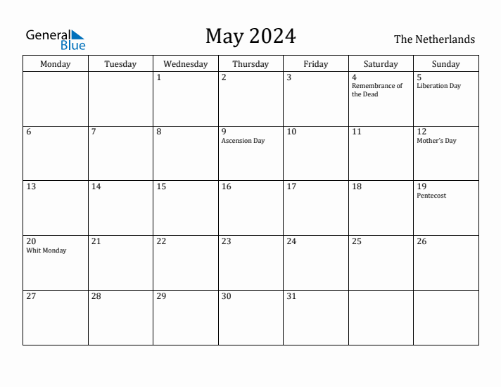 May 2024 Calendar The Netherlands