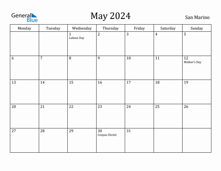 May 2024 Calendar San Marino