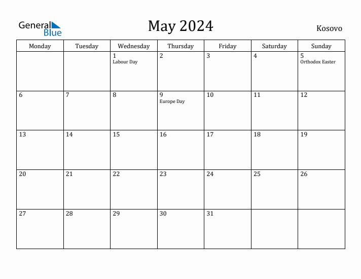 May 2024 Calendar Kosovo