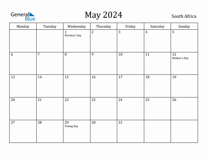 May 2024 Calendar South Africa