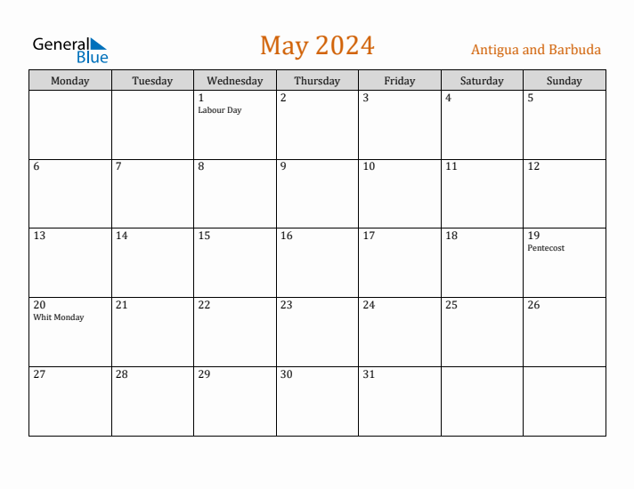 May 2024 Holiday Calendar with Monday Start