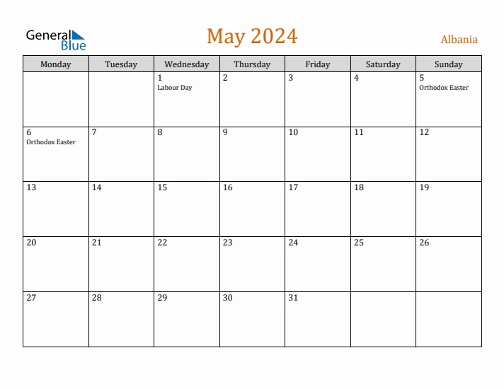 May 2024 Holiday Calendar with Monday Start