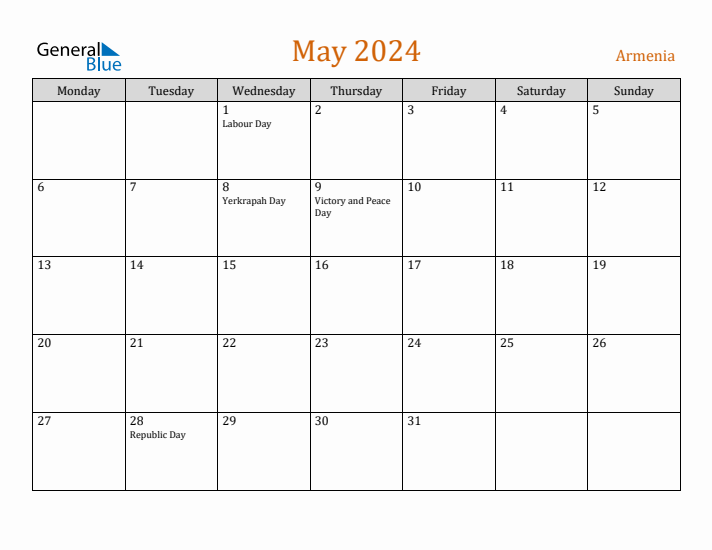 May 2024 Holiday Calendar with Monday Start