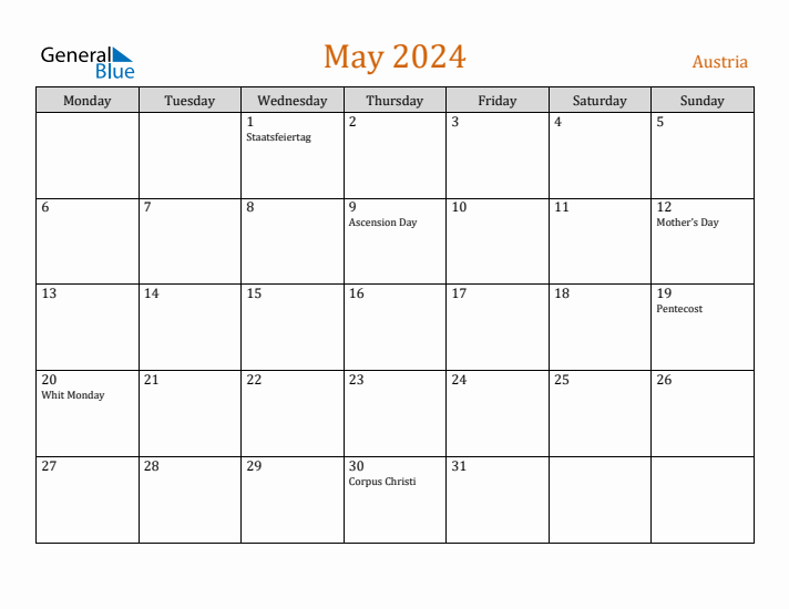 May 2024 Holiday Calendar with Monday Start