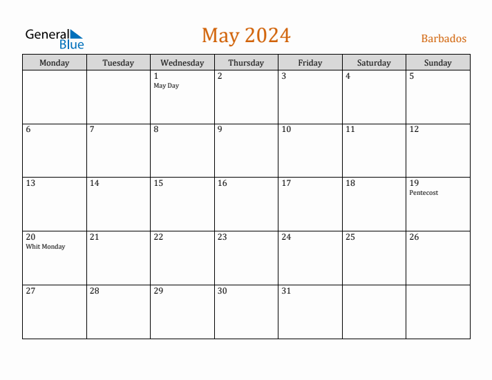 May 2024 Holiday Calendar with Monday Start