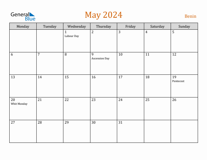 May 2024 Holiday Calendar with Monday Start