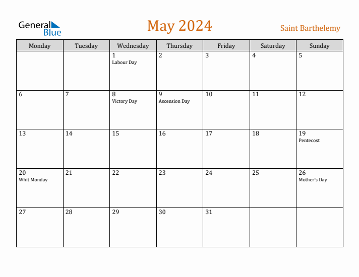 May 2024 Holiday Calendar with Monday Start