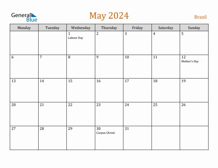 May 2024 Holiday Calendar with Monday Start