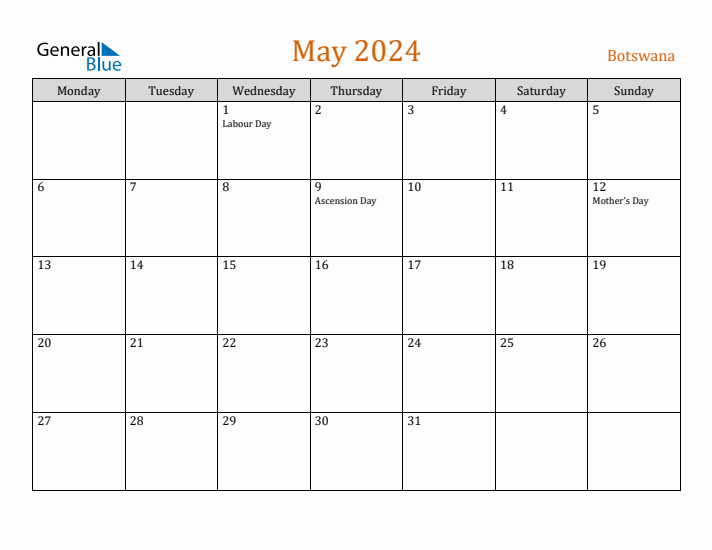 May 2024 Holiday Calendar with Monday Start