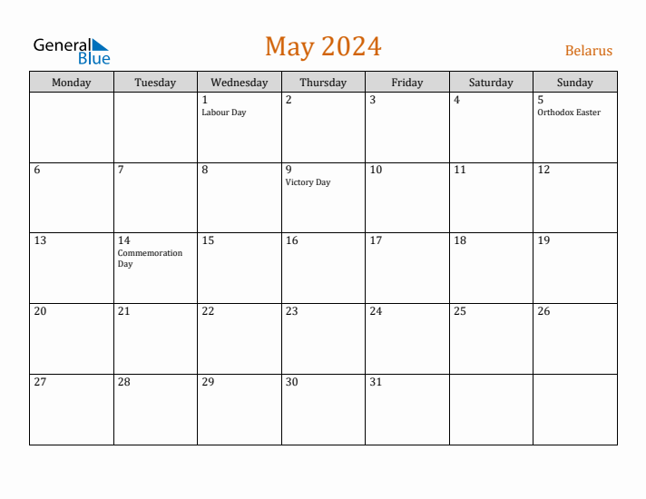 May 2024 Holiday Calendar with Monday Start