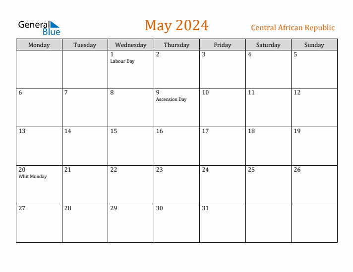 May 2024 Holiday Calendar with Monday Start