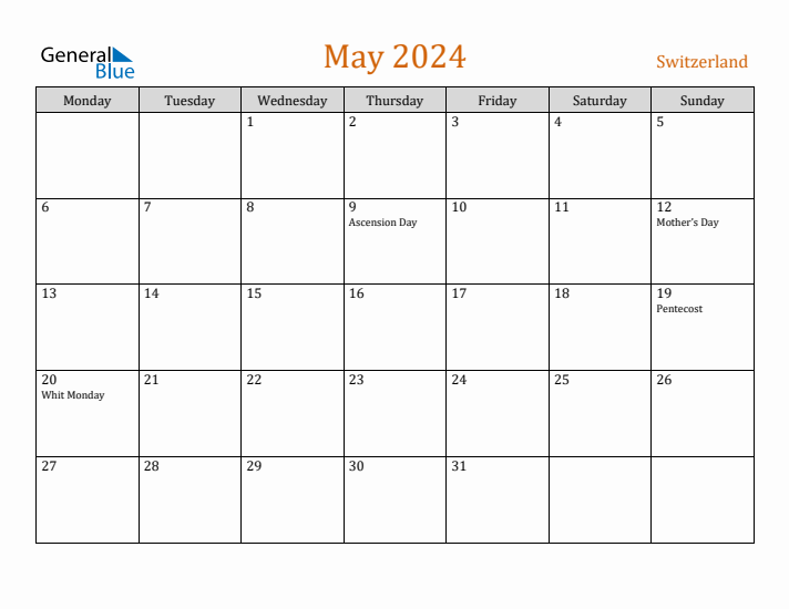 May 2024 Holiday Calendar with Monday Start