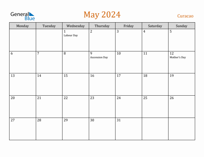 May 2024 Holiday Calendar with Monday Start