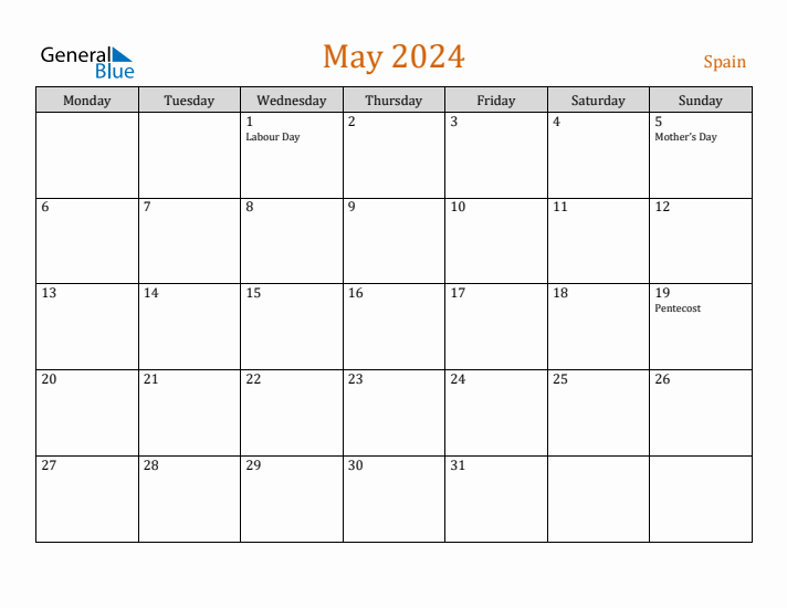 May 2024 Holiday Calendar with Monday Start