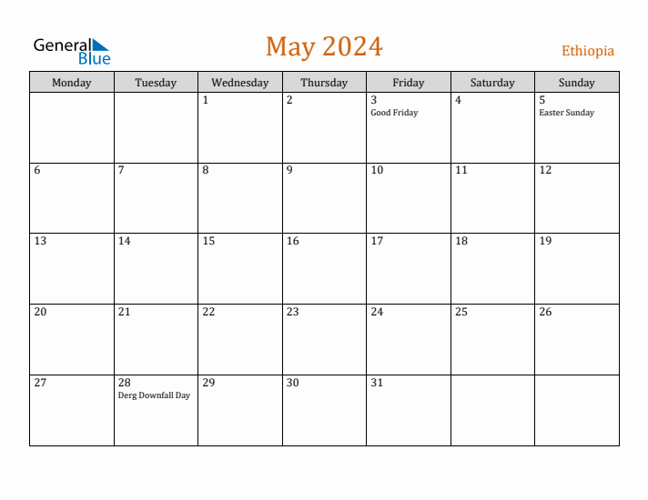 May 2024 Holiday Calendar with Monday Start