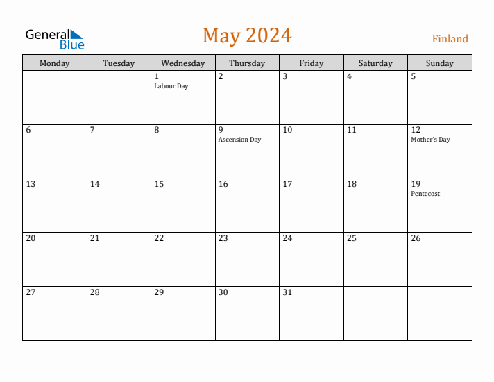 May 2024 Holiday Calendar with Monday Start