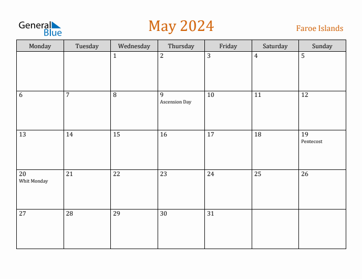 May 2024 Holiday Calendar with Monday Start