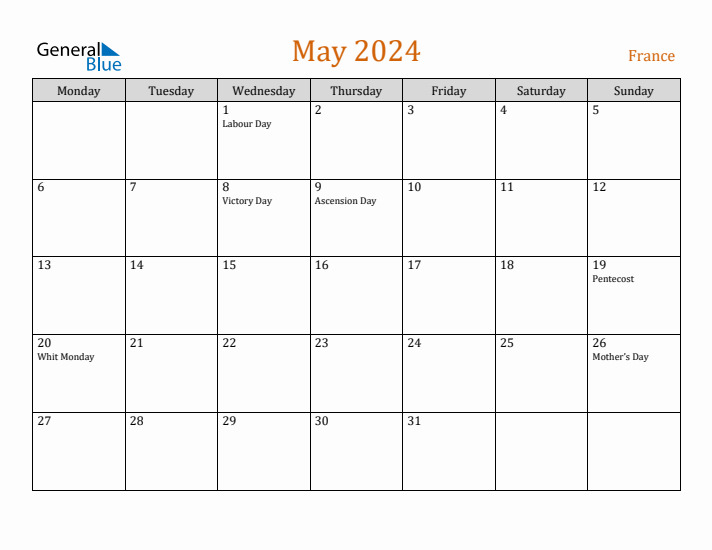 May 2024 Holiday Calendar with Monday Start