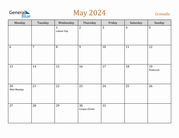 May 2024 Holiday Calendar with Monday Start