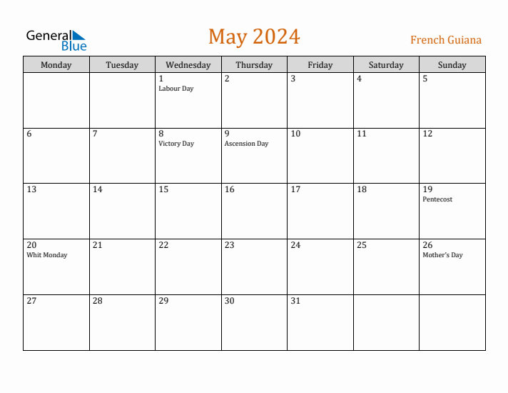 May 2024 Holiday Calendar with Monday Start