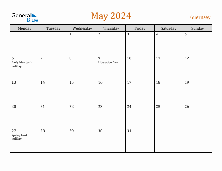 May 2024 Holiday Calendar with Monday Start