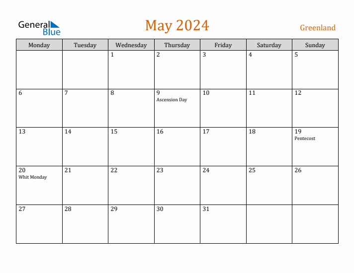 May 2024 Holiday Calendar with Monday Start