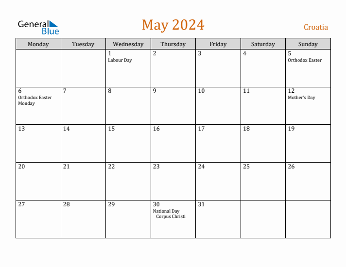 May 2024 Holiday Calendar with Monday Start