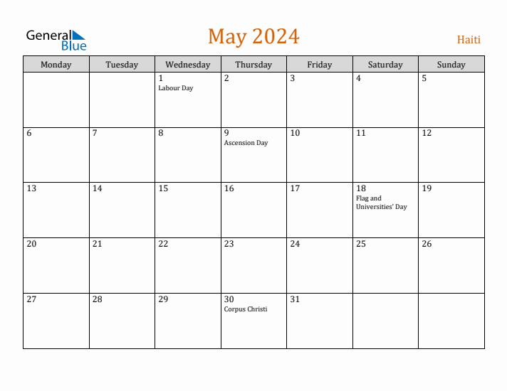 May 2024 Holiday Calendar with Monday Start