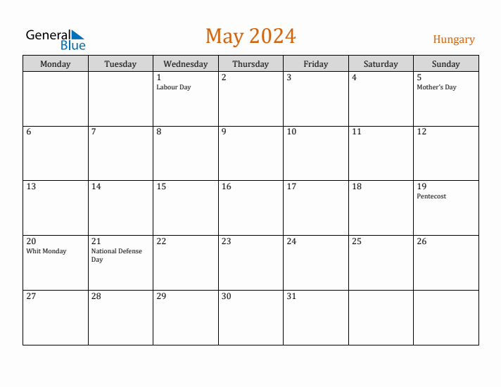 May 2024 Holiday Calendar with Monday Start