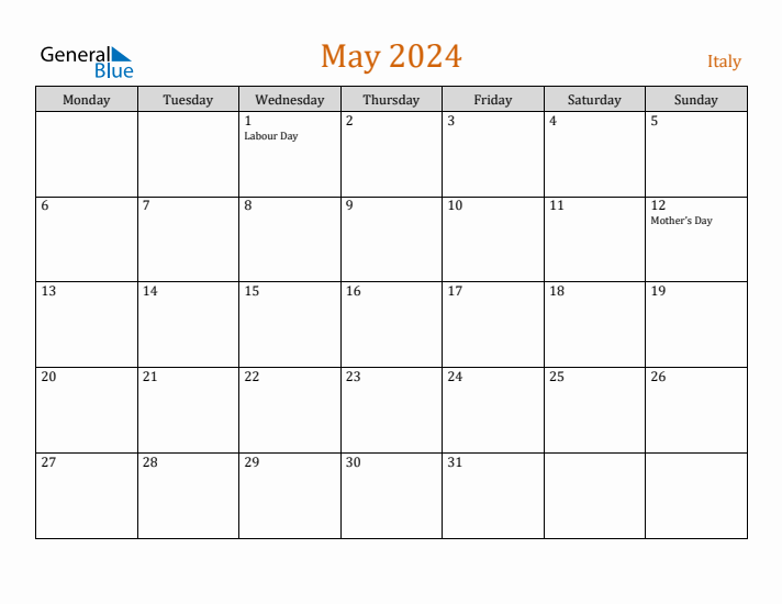 May 2024 Holiday Calendar with Monday Start