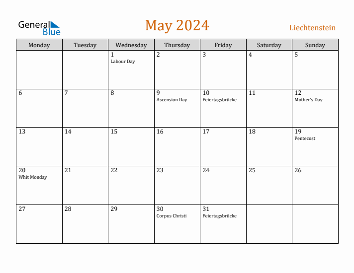 May 2024 Holiday Calendar with Monday Start