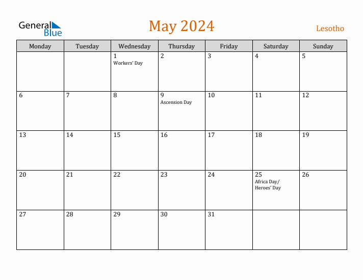 May 2024 Holiday Calendar with Monday Start