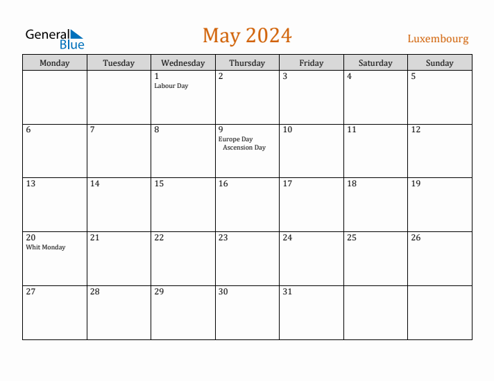 May 2024 Holiday Calendar with Monday Start