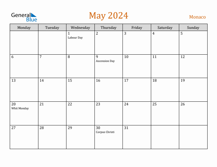 May 2024 Holiday Calendar with Monday Start